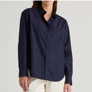 Quince Navy Blue Long Sleeve Button Front Blouse Small Stretch High Low Hem